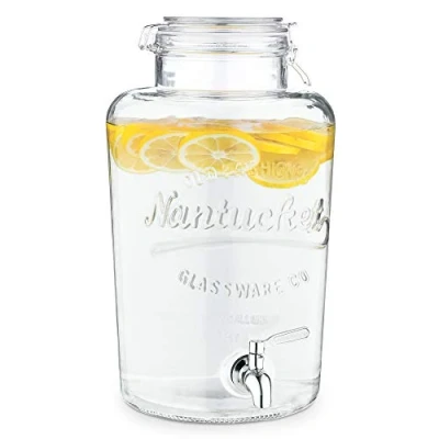 Image of Navaris Drinks Dispenser with Tap 8L Glass Drink Jar Stainless Steel and Clip Top Lid For Cold Beverages, Ice Water, Garden Party