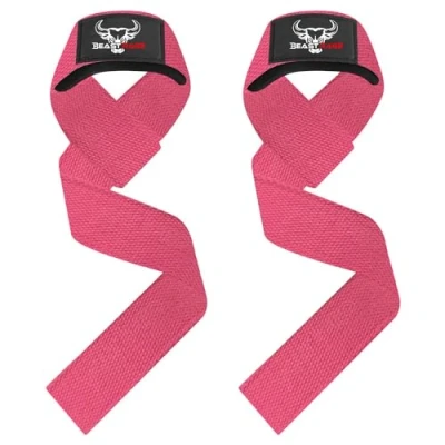 Image of BEAST RAGE Weight Lifting Straps Fitness Padded Cotton Wrist Support Gel Advanced Grips Dumbbell Bar Wraps Heavy Duty Gym Bodybuilding Power Deadlift Barbells Non Slip Exercise (Pink)