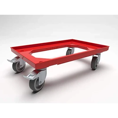 Image of Heavy Duty Braking Dolly Transport Trolley for 600 x 400 Euro Plastic Stacking Containers 300kg Load Capacity 4 Swivel Castors 2 Wheels