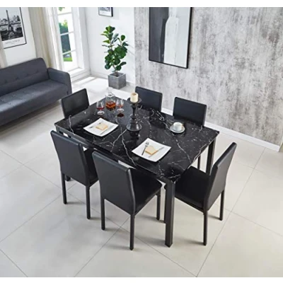 Image of Modernique Marble Effect Black Dining Table with 6 Chairs, MDF Top Metal Frame Sets (Black, 150 cm + Chairs)