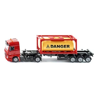 Image of siku 3922, Mercedes Benz Lorry with Framed Tank Container, 1:50, Metal/Plastic, Red, Incl. 1 Detachable semi trailer