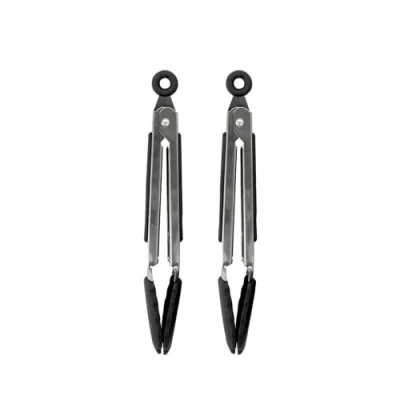 Image of Fackelmann Stainless Steel Kitchen Tongs, Set of 2 with Locking Function, Silicone Function Head, TPR Handle, 21cm, Silver &amp; Black