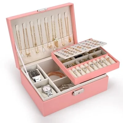 Image of Pystuvo Jewellery Box for Women, 2 Layer Large Organiser with Watch Pillows, PU Leather, Travel Earrings Rings Necklaces Watches Bracelets,Pink