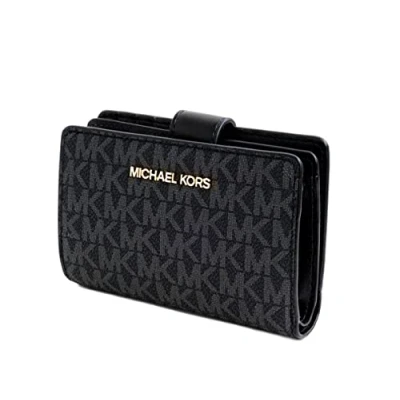 Image of Michael Kors Women&#039;s Jet Set Travel Medium Bifold Zip Coin/Card Wallet MK Print (Black)
