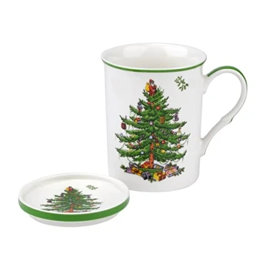Image of Spode Mugs Unique Official Licensed Christmas Tree Mistletoe Fine Porcelain China Mug Cup And Coaster Set (Green,2 Piece Set)