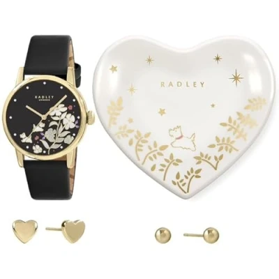 Image of RADLEY Womens Gold Plated Black Leather Strap Watch, 18ct Heart Earring Pair &amp; Ceramic Trinket Tray Gift Set