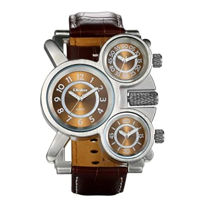 Image of JewelryWe Mens Military Three Time Zone Quartz Watch Big Face Leather Strap Wrist
