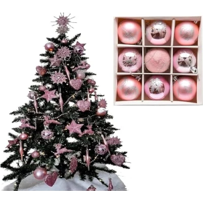 Image of UKDD® Set of 9 Premium Baubles Luxury Christmas Tree Bauble Decorations Matte, Glitter, shiny (Blush)