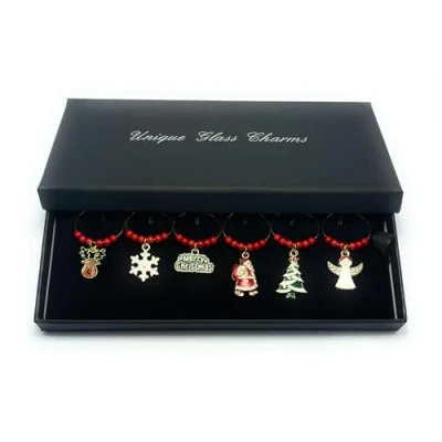 Image of Libby&#039;s Market Place Set of 6 Christmas Design Wine Glass Charms with Gift Box