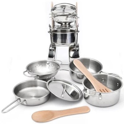 Image of 8 PCS Stainless Steel Play Pots and Pans Toys for Kids Children Kitchen Accessories Set,Kitchen Playset Pretend Game Cookware Cooking Utensils,Great Learning Gifts Toddler &amp; Girls Boys