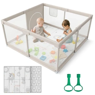 Image of ZEEBABA Baby Playpen with Mat, 47x47inch Playpen, for Babies and Toddlers, Small Play Pens, Large Toddler, Yard Infants 47&quot; Playard Gate