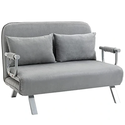 Image of HOMCOM 2 Seater Sofa Bed, Click Clack Convertible Bed Settee, Modern Velvet Feel Fabric Couch with Cushions for Living Room, Bedroom, Guest Light Grey