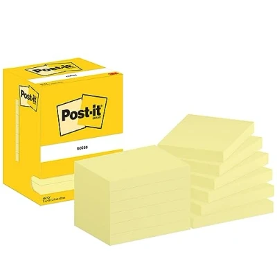 Image of Post it Notes Canary Yellow, Pack of 12 Pads, 100 Sheets per Pad, 76 mm x 102 mm, Yellow Color Self stick For Note Taking, To Do Lists &amp; Reminders