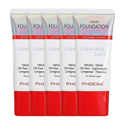 Image of Glamza Phoera Foundation Full Coverage Makeup Set 24hr Long Lasting Oil Control Same Smarter Packaging Inc x5 30ml &amp; Silicone Blender Sponge (102 Nude)