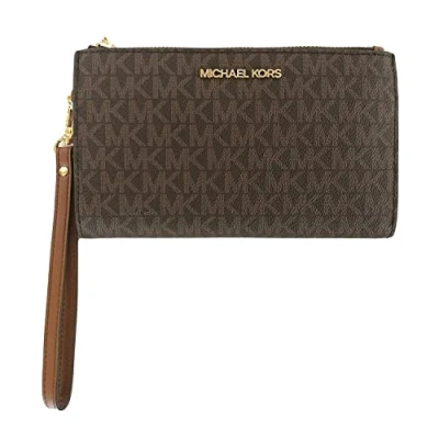 Image of Michael Kors Jet Set Travel Double Zip Wristlet Signature PVC (Brown PVC/Dark Acorn)