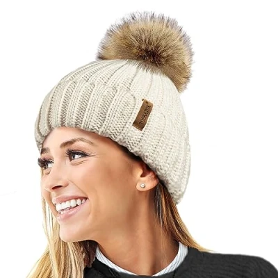 Image of TOSKATOK®Womens Warm Winter Hat Woolly Knitted Beanie with Detachable Chunky Faux Fur Bobble Pom Beige