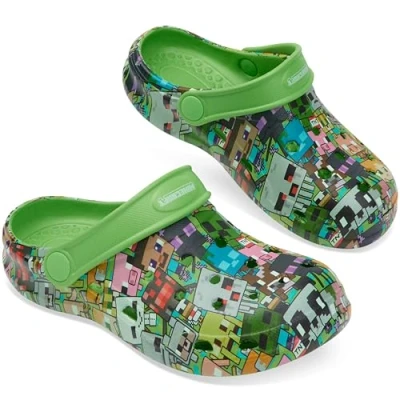 Image of Minecraft Boys Clogs, Kids Summer Shoes for Garden, Beach, Pool Holiday Essentials Gamer Gifts (Green Printed Design, 10 10.5 UK)