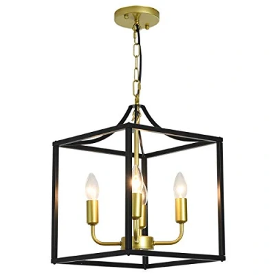 Image of Qcyuui Industrial Metal Lantern Chandeliers 4 Light Adjustable Height Farmhouse Ceiling Chandelier, Rustic Gold Kitchen Island Hanging Lighting Fixture for Foyer Hallway Dining Room