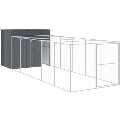 Image of vidaXL Dog House with Extended Run Anthracite, Galvanised Steel, Ample Space, Mesh Design, Roof for Protection, Easy Access