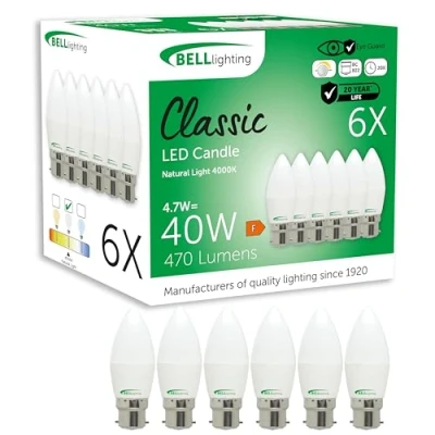Image of Bell Lighting B22 Bayonet Dimmable Light Bulb LED Candle 6 Pack Cool White 4000K 470 Lumen 4.7W Energy Saving 40W Halogen Lamp Equivalent