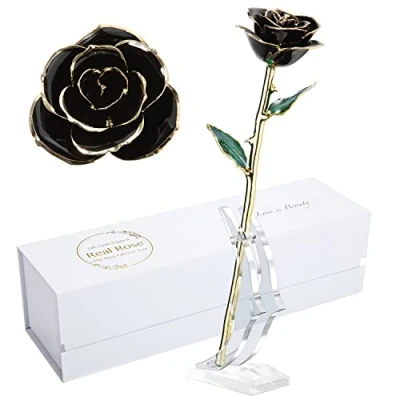 Image of MAXSPT Gold Real Rose, Dipped Rose Made from Best Gifts for her and Great Girlfriend, Black with Stand