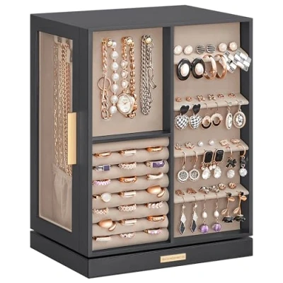 Image of SONGMICS Jewellery Box 360 Rotating, Organiser with 5 Drawers, Display Case, Glass Window, Spacious, Vertical Storage, Open Design, Great Gift, Slate Grey JBC170G01