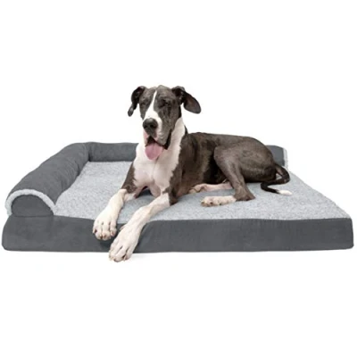 Image of FurHaven XXL Memory Foam Dog Bed Two Tone Faux Fur &amp; Suede L Shaped Chaise w/Removable Washable Cover Stone Gray, Jumbo Plus (XX Large)