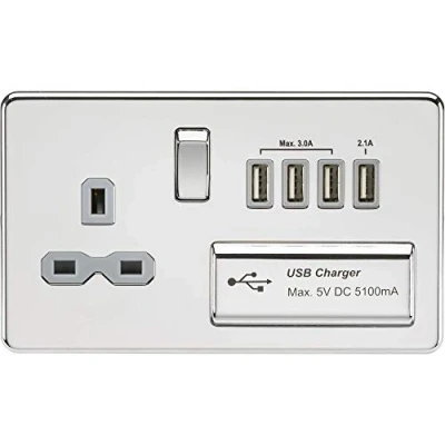 Image of KnightsBridge Screwless 13A switched socket with quad USB charger (5.1A) polished chrome grey insert