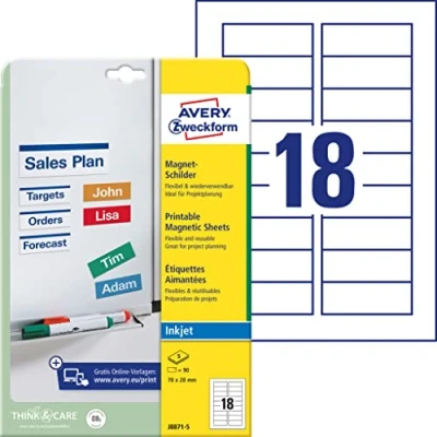 Image of Avery Zweckform J8871 Printable Magnetic Sheets (90 Labels 78 x 28 mm Special Coating) 5 White