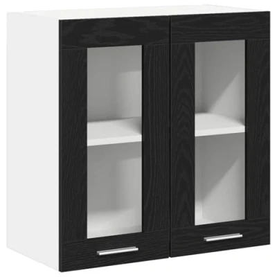 Image of vidaXL Black Oak Kitchen Glass Hanging Cabinet Modern Engineered Wood Wall Cupboard 60x31 cm, 2 Doors, 60 kg Support, Easy Install