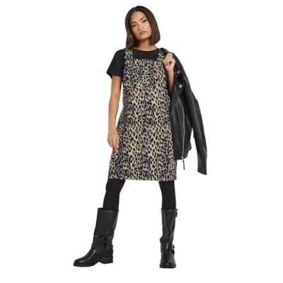 Image of PixieGirl Natural Brown Leopard Print Denim Pinafore Petite