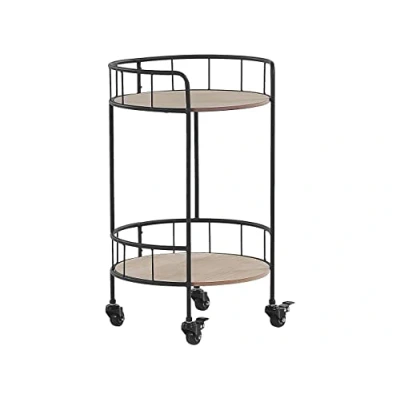 Image of Beliani Rustic Kitchen Trolley Light Wood Shelves Metal Construction Wheels Black Hiko