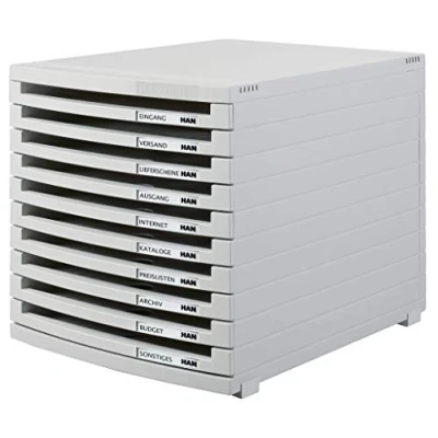 Image of HAN 1510 0 11, CONTUR drawer set. Modern organisational system, expandable, premium quality for a highly professional organisation with 10 open drawers, light grey