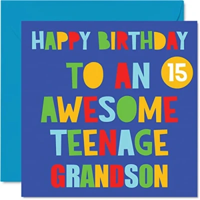 Image of Fun 15th Birthday Cards for Grandson Awesome Teenage 15 Happy Card from Nanny Grandad Nan Grandpa Gran Grandma, 145mm x Fifteen Fifteenth Bday Greeting Gift