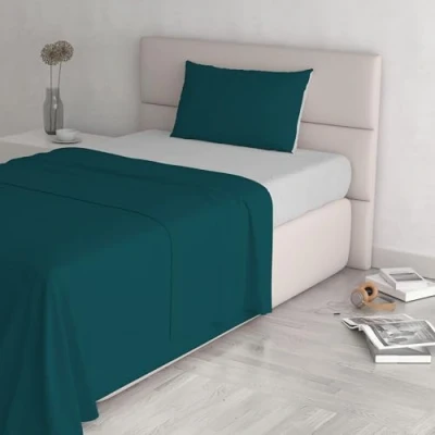 Image of Italian Bed Linen Natural Color Set (Flat 150x300, Fitted Sheet 90x200cm+Pillowcase 52x82cm), Petrol Bottle Green, 100% Cotton, Light Gray, SINGLE