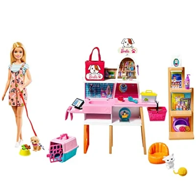 Image of Barbie Doll (11.5 in Blonde) and Pet Boutique Playset with 4 Pets, Color Change Grooming Feature Accessories, Great Gift for 3 to 7 Year Olds, GRG90