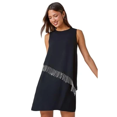 Image of Roman Womens Diamante Trim Asymmetric Overlay Dress Black Size 10 UK