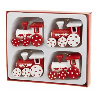 Image of Set of 4 Red &amp; White Wooden Train Christmas Decorations (5cm) by Heaven Sends