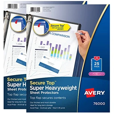 Image of Avery Diamond Clear Secure Top Sheet Protectors, Super Heavyweight, 2 Pack, 50 Page Protectors (86009)