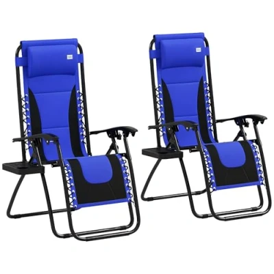Image of Outsunny Zero Gravity Lounger Chair Set of 2, Folding Reclining Patio with Padded Seat, Cup Holder, Soft Cushion and Headrest for Poolside, Camping, Blue