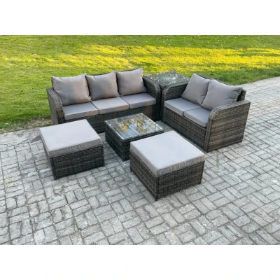 Image of 7 Seater High Back Rattan Garden Furniture Set with Square Coffee Table 2 Big Footstool Side Indoor Outdoor Patio Lounge Sofa Dark Grey