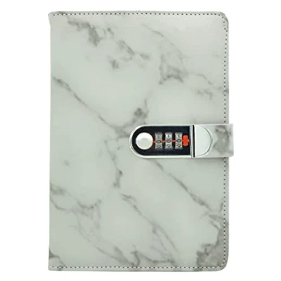 Image of NectaRoy PU Leather Cover Writing Notebook, Lockable Diary Lock Journal, Marble Pattern Wire Binding Lined Daily Travel Journal with Lock, Password Notepad Pen Holder, Size 218x150mm