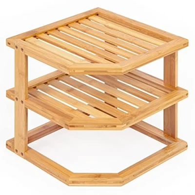 Image of woodluv Corner Shelf Shelves Unit 3 Tier, Cupboard Organiser, Bathroom Shelf, Standing Storage For Home, Living Room, Kitchen Bamboo