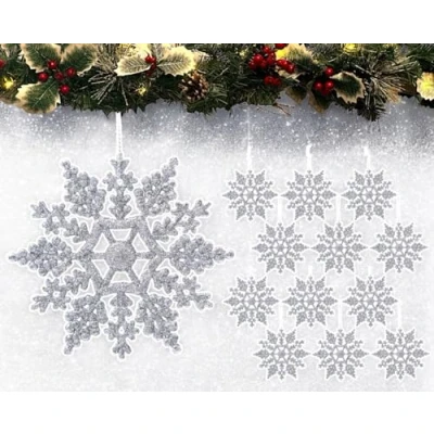 Image of 12pk Glitter Snowflake Hanging Decorations, Christmas Tree Baubles/Ornaments (Silver)