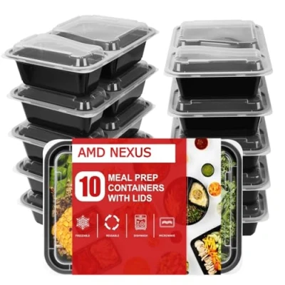 Image of AMD Nexus [20 Pack, 32oz] 2 Compartment Plastic Meal Prep Containers Reusable BPA Free Food with Airtight Lids Microwavable, Freezer and Dishwasher Safe