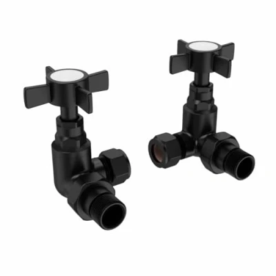 Image of Warmehaus Traditional Corner Radiator &amp; Towel Rail Valves Pair 15mm Valve Black