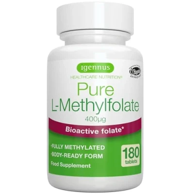 Image of Pure Methyl Folate 400 mcg, 180 Tablets, Clean Label &amp; Vegan, Methylated Form of Folic Acid 5 MTHF (Vitamin B9), Suitable for Pregnancy, One a Day, by Igennus