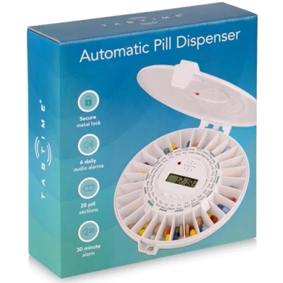 Image of TabTime Automatic Pill Dispenser, 6 Alarms per Day. Solid Lockable Lid. Essential Medication Aid for The Elderly, Alzheimers &amp; Dementia Patients
