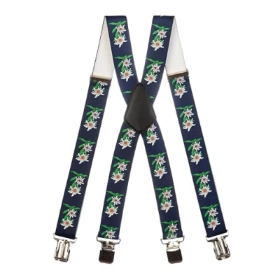 Image of Heavy Duty X Shape Braces/Suspenders with Edelweiss Pattern, 4cm Dark Blue