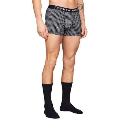 Image of Tommy Hilfiger Men&#039;s Trunk Print &amp; Sock Set Um0um02900 Giftpacks, Blue (Grid Check/Desert Sky), XXL